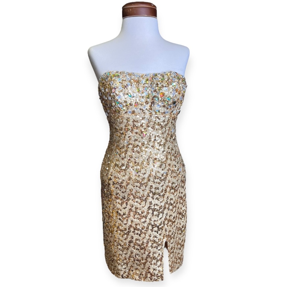 Blush Prom Strapless Gold Beaded and Sequined Gown Size 4